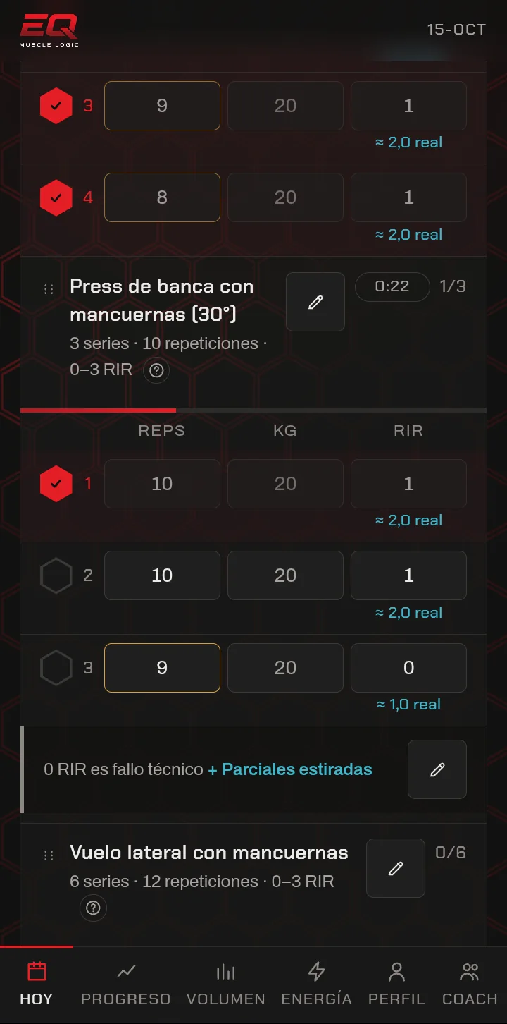 Pantalla de sesión: series con repeticiones, kilos y RIR, y el RIR real estimado según la calibración